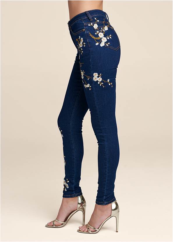 Waist down side view Floral Embroidered Skinny Jeans