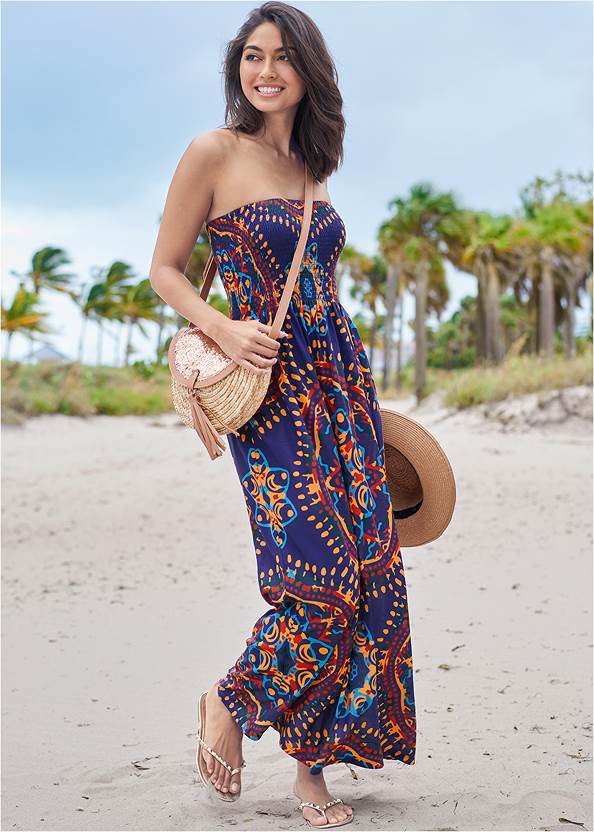 Maxi Dress,Triangle String Bikini Top,Classic Scoop Front Bottom ,Bandeau Ring One-Piece,Bandeau Maxi Dress Cover-Up,Studded Flip Flops,Ankle Strap Espadrilles