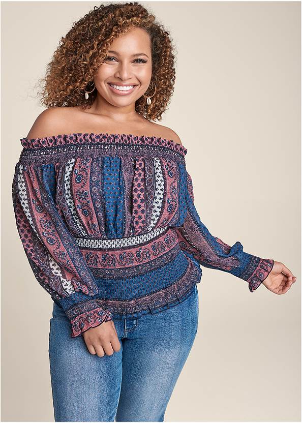 Printed Smocked Top,Casual Bootcut Jeans