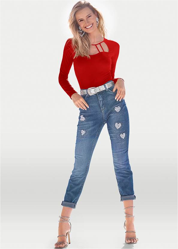 Heart Patch Jeans,Seamless Cutout Top,Off-The-Shoulder Top,Rhinestone Heart Earrings,Animal Chain Crossbody Bag,Animal Texture Bling Belt
