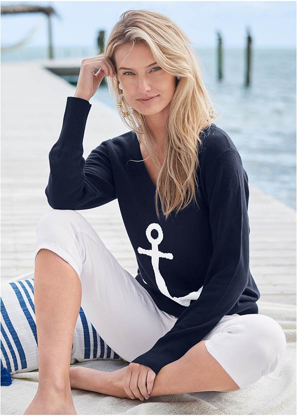 Anchor V-Neck Sweater,Capri Jeans,Mid-Rise Slimming Stretch Jeggings,Cutoff Jean Shorts,Espadrille Platform Heels,Lace-Up Star Sneakers,Long Circle Earrings