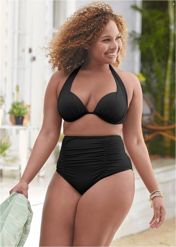 Shirred High-Waist Bottom,Marilyn Underwire Push-Up Halter Top,Goddess Enhancer Push-Up Top,Enhancer Push-Up Triangle Top,Underwire Wrap Top,Classic Hipster Mid-Rise Bottom,Pom-Pom Fringe Cover-Up,Straw Hat With Jewel Trim