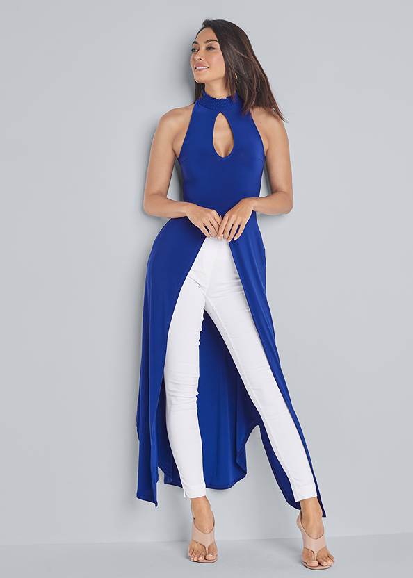 Mock-Neck Maxi Top,Mid Rise Slimming Stretch Jeggings,Square Toe Thong Heel Sandals