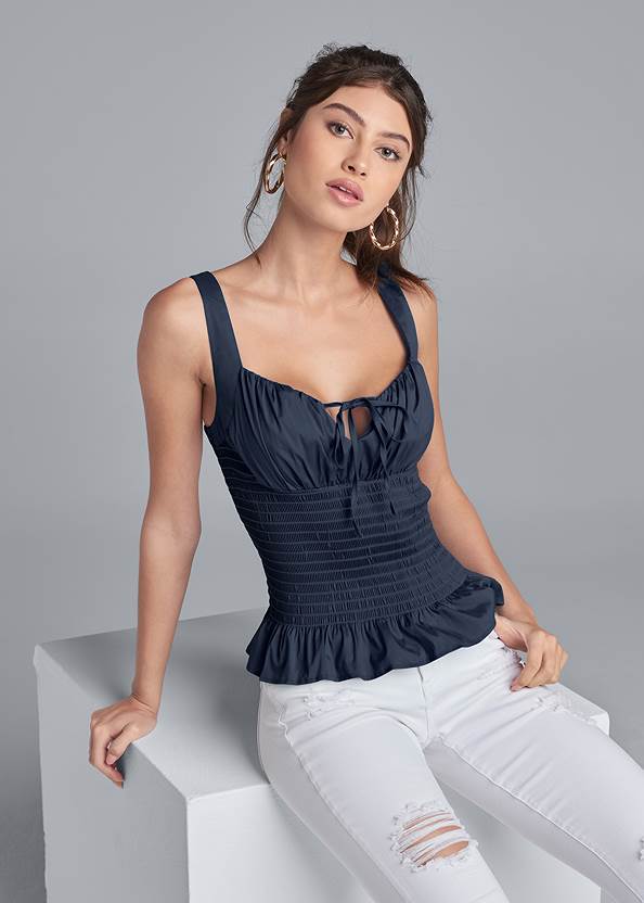 Smocked Sleeveless Top,Triangle Hem Jeans,Bum Lifter Jeans,High Heel Strappy Sandals,Peep Toe Mules