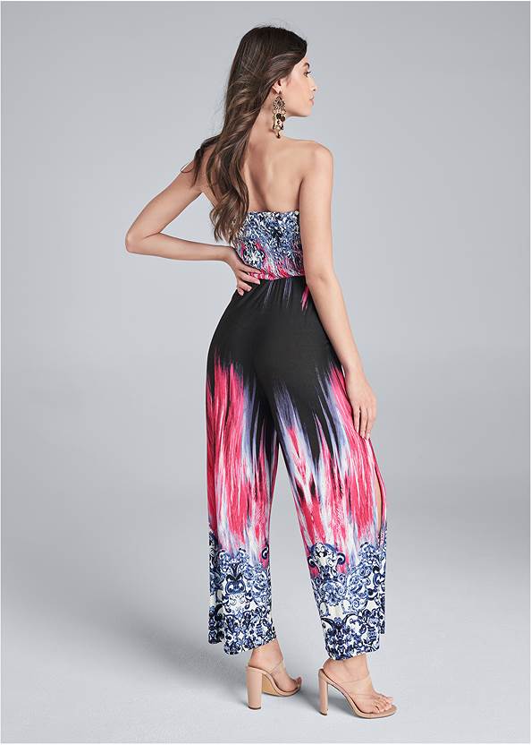 Back View Smocked Tie Front Jumpsuit