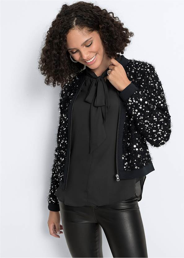 Sequin Bomber Jacket,Faux-Leather Pants,Bum Lifter Jeans,Chain Buckle Booties