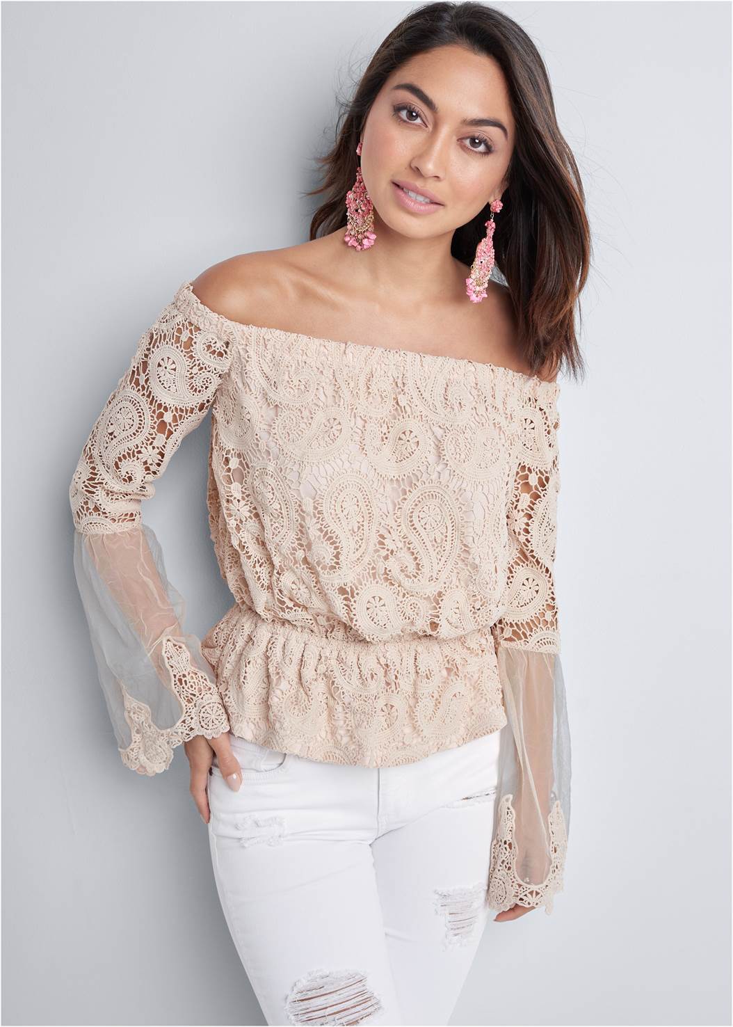 Off-The-Shoulder Lace Top in Off White | VENUS