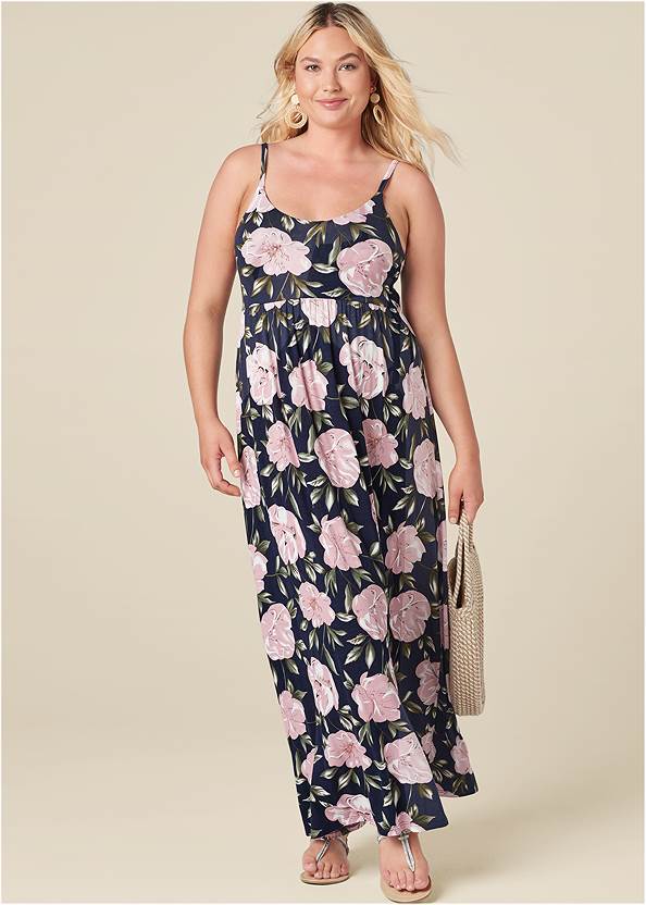 Floral Printed Maxi Dress,Rhinestone Thong Sandals,Braided Double Strap Mules