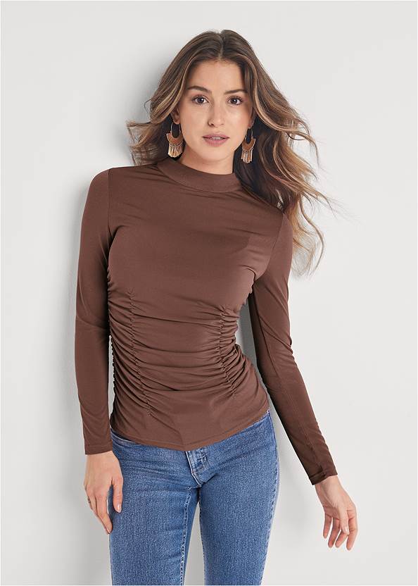 Ruched Mock-Neck Fitted Top,Mid Rise Color Skinny Jeans,Casual Bootcut Jeans,Western Buckle Wrap Boots,Studded Round Crossbody
