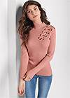 Cropped front view Lace-Up Mock-Neck Sweater