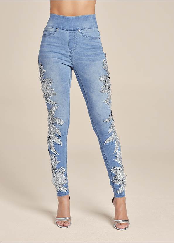 Waist down front view Floral Embellished Jeggings