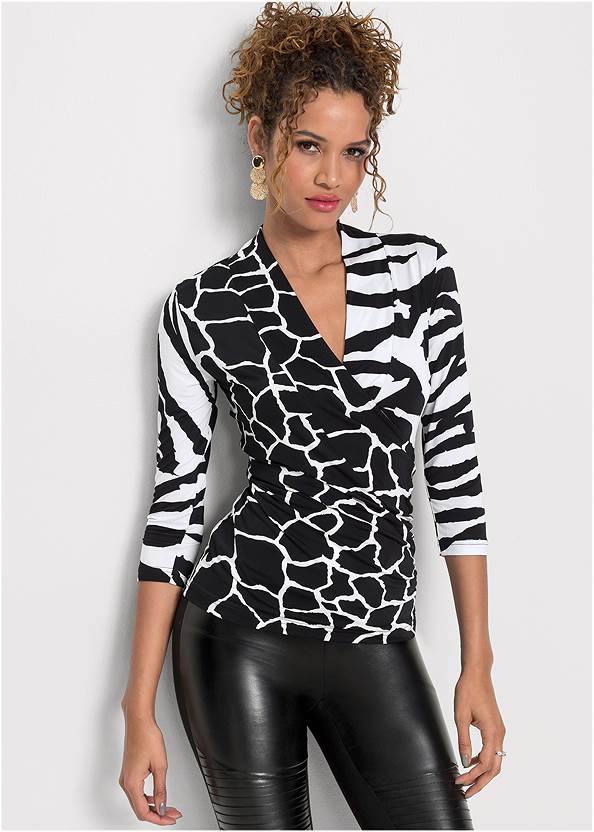 Mixed Print V-Neck Top,5-Pocket Faux-Leather Pants,High Heel Strappy Sandals