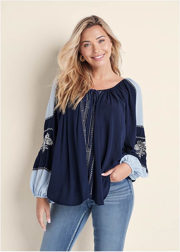 Cropped front view Embroidered Peasant Top