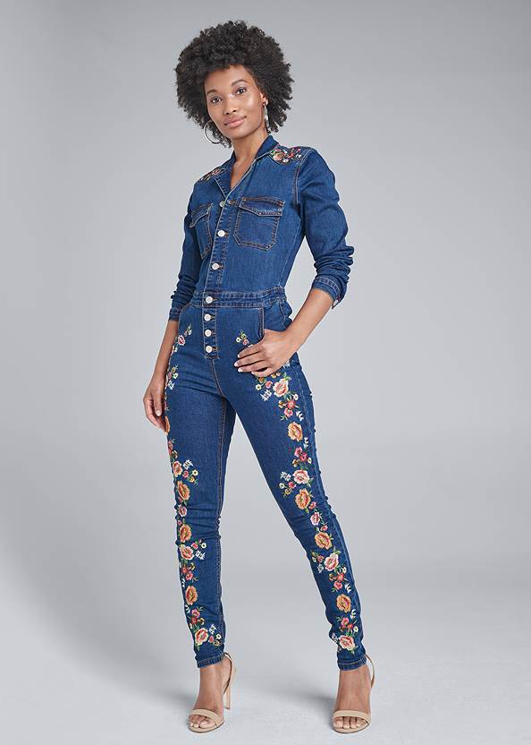 Front View Embroidered Denim Jumpsuit
