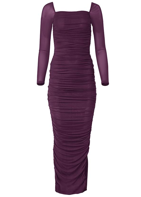 Ruched Mesh Bodycon Dress in Dark Purple | VENUS