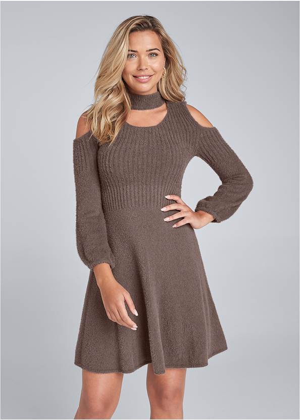Mock-Neck Sweater Dress,Whipstitch Peep Toe Booties,Braided Double Strap Mules