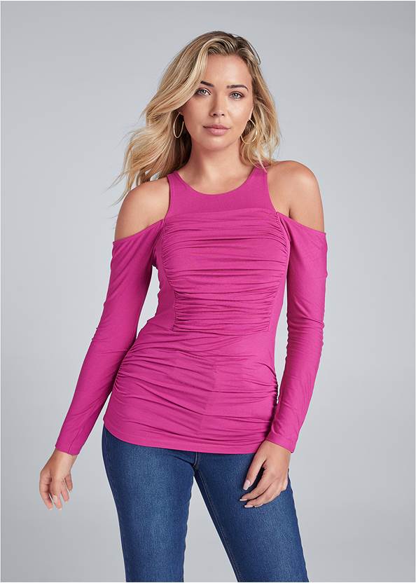 Cropped front view Ruched Cold-Shoulder Top