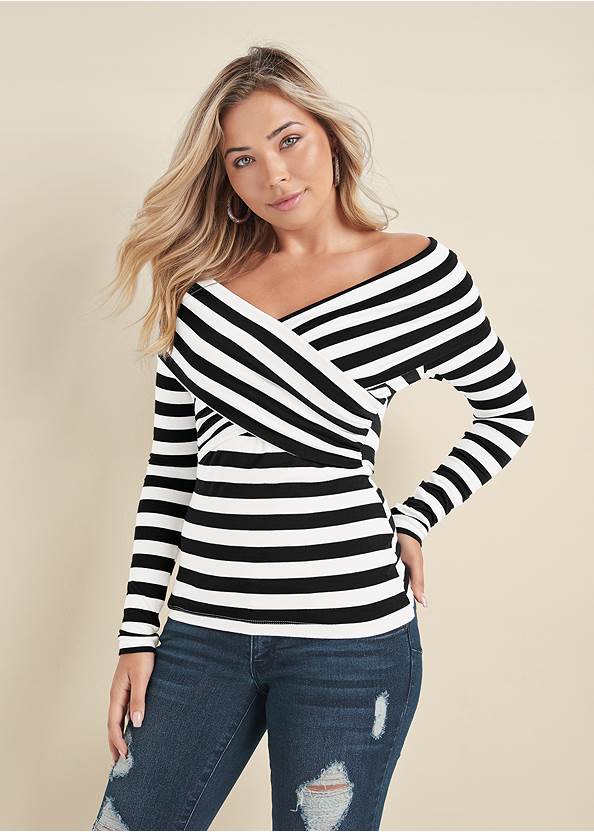 Cropped front view Stripe Off-The-Shoulder Top