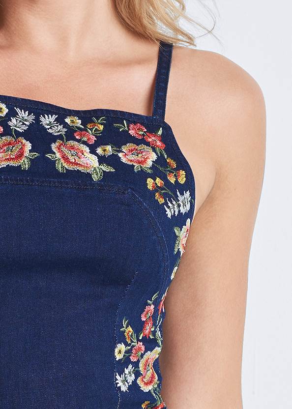 Detail front view Embroidered Denim Dress