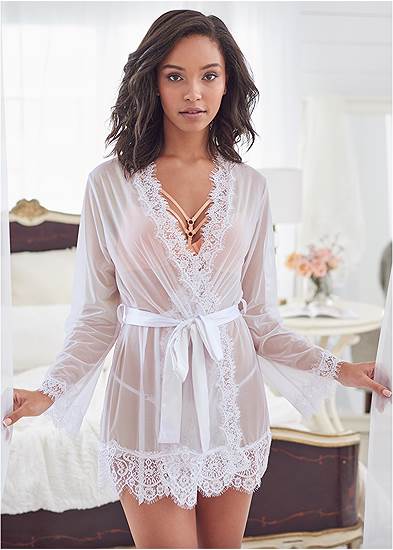Sheer Robe With Lace Trim