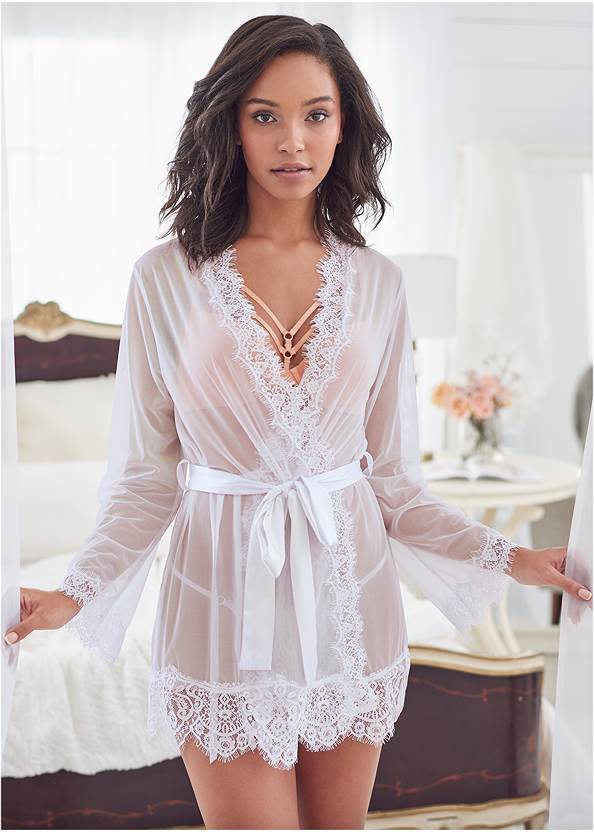 Sheer Robe With Lace Trim,Pearl By Venus® Strappy Plunge Bra,Rhinestone Mules