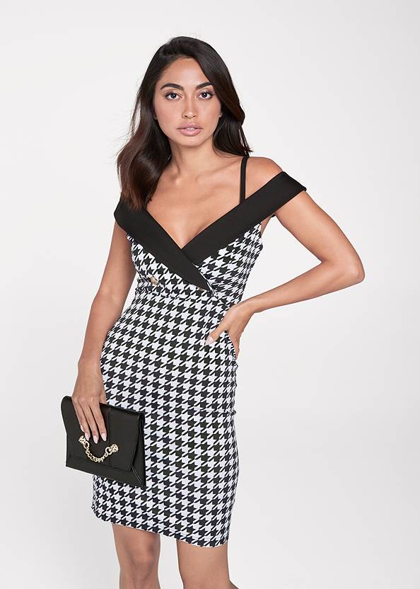 Cold-Shoulder Houndstooth Midi Dress,High Heel Strappy Sandals,Sexy Slingback Heels,Animal Chain Crossbody Bag