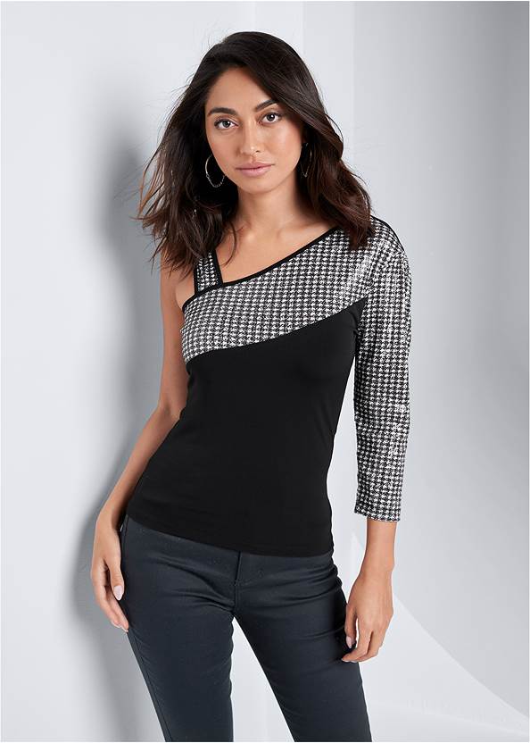 Sequin Houndstooth Top,Bum Lifter Jeans,Casual Bootcut Jeans