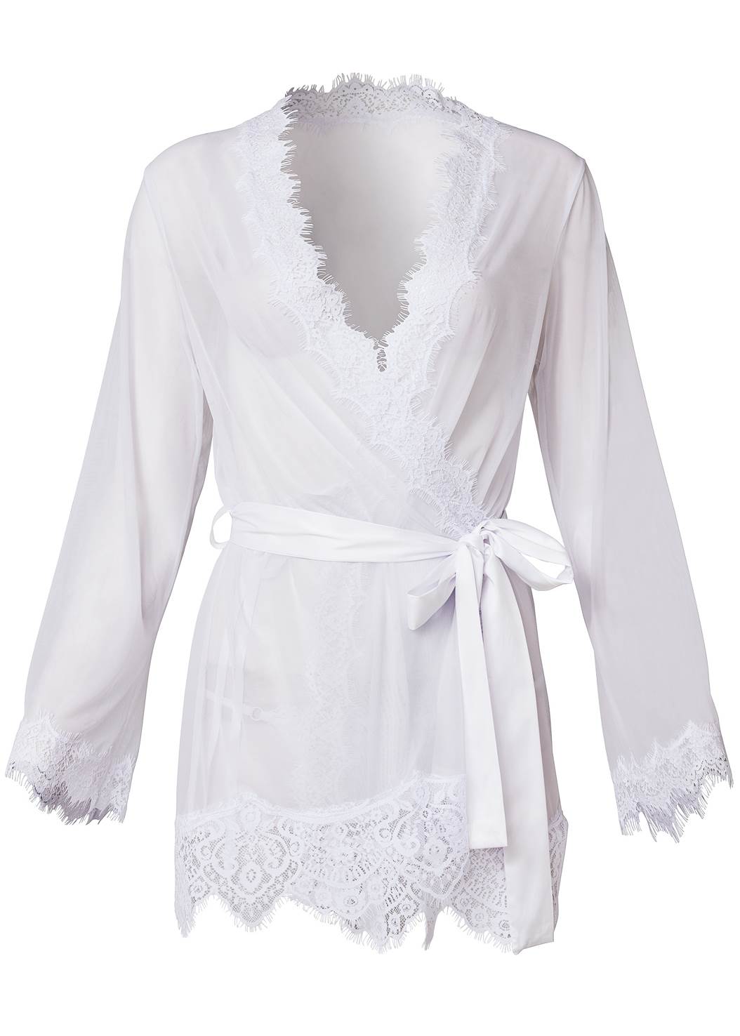White SHEER ROBE WITH LACE TRIM from VENUS