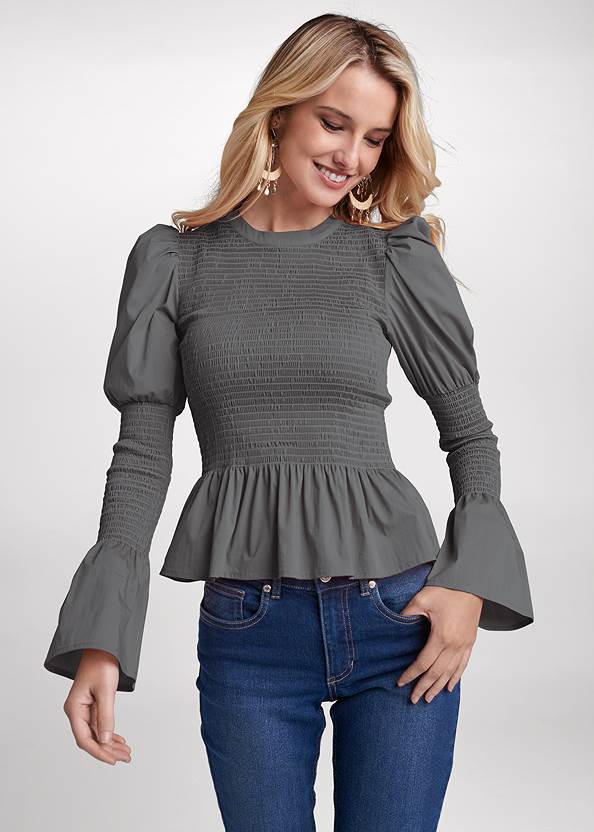 Cropped front view Smocked Peplum Blouse