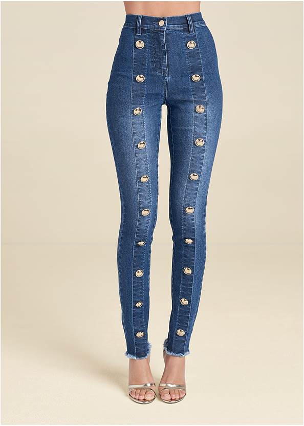 Waist down front view Button Detail Skinny Jeans