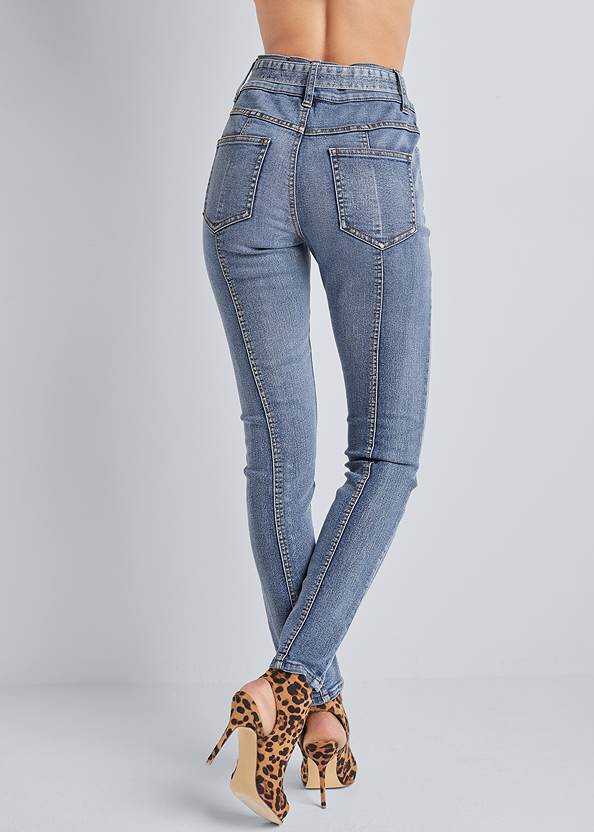 Waist down back view Belted Pintuck Skinny Jeans