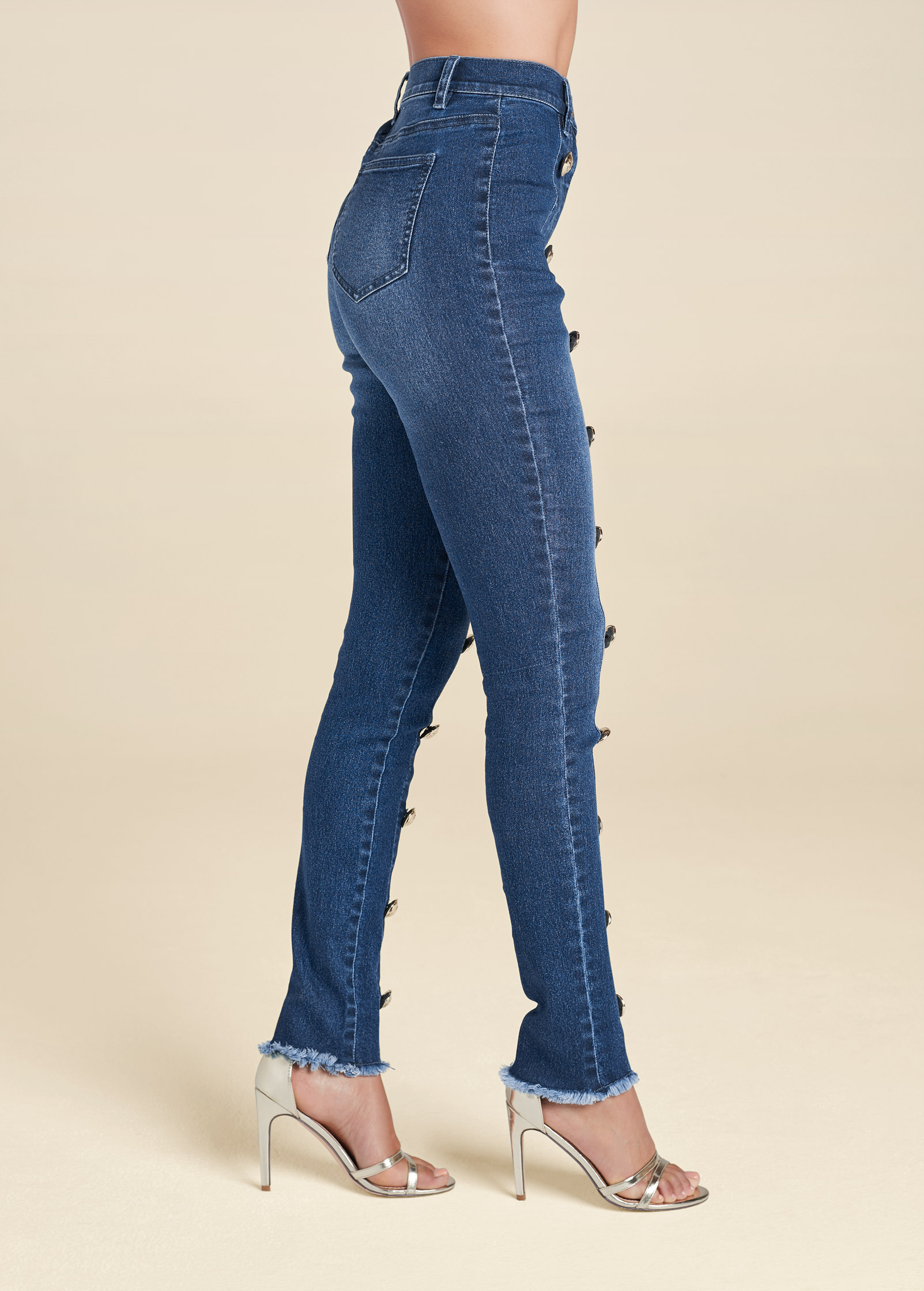 Button Detail Skinny Jeans in Medium Wash - Denim | VENUS