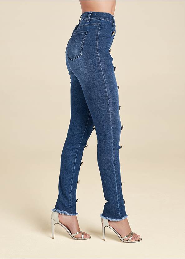 Waist down side view Button Detail Skinny Jeans