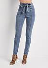 Waist down front view Belted Pintuck Skinny Jeans