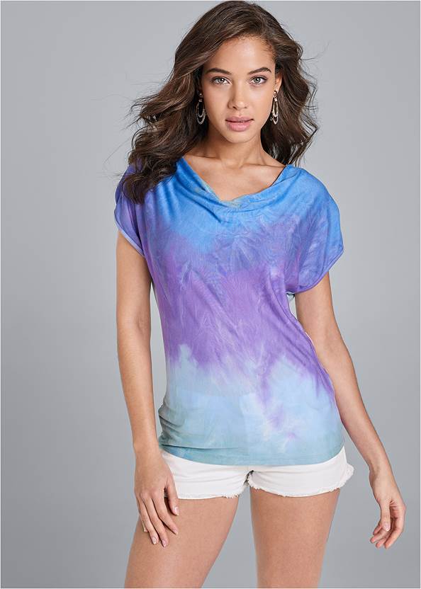 Cropped Front View Tie Dye Cowl Neck Top