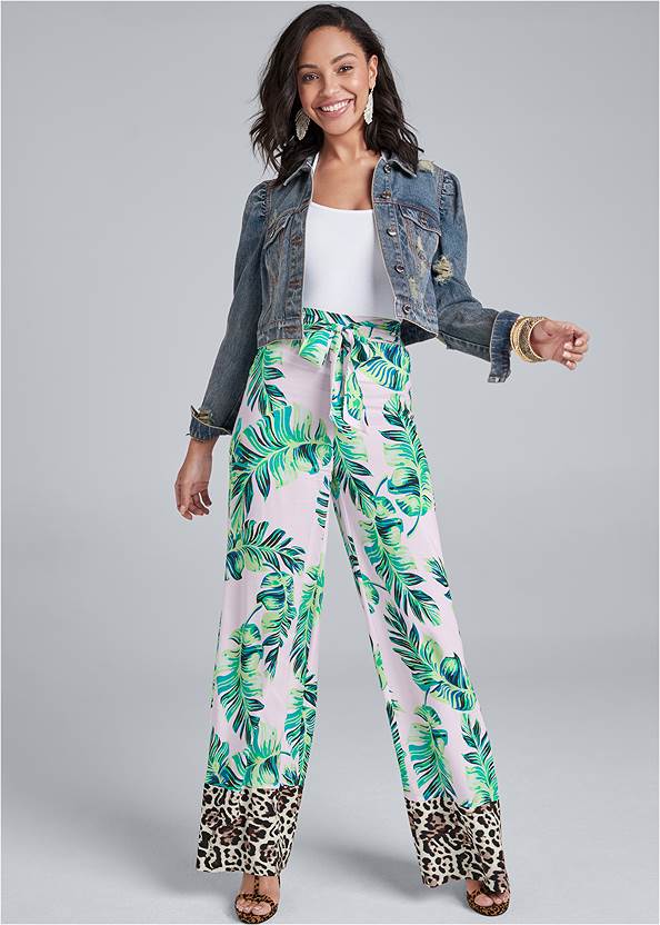 Full Front View Palm Print Tie Front Pants