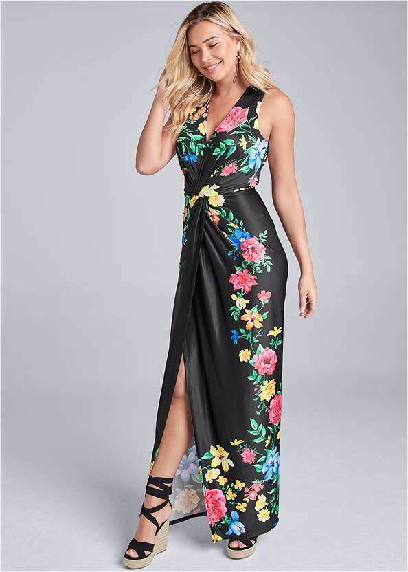 Twist Front Floral Maxi Dress in Black Multi | VENUS