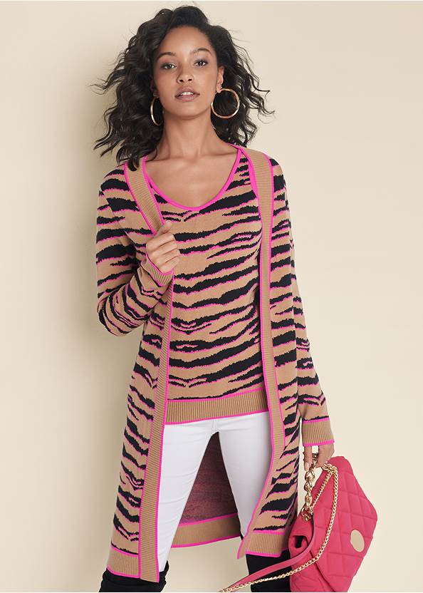 Tiger Print Duster Set,Lift Jeans,Bootcut Jeans,Over-The-Knee Stretch Boots,Quilted Shiny Leather Bag