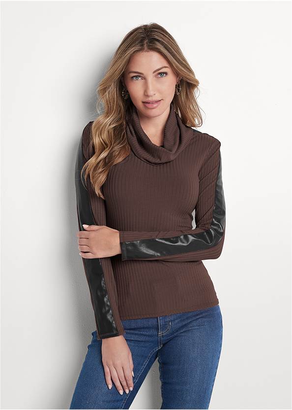 Cropped front view Faux-Leather Ribbed Top