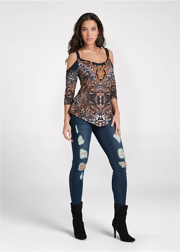 Full front view Printed Cold-Shoulder Top