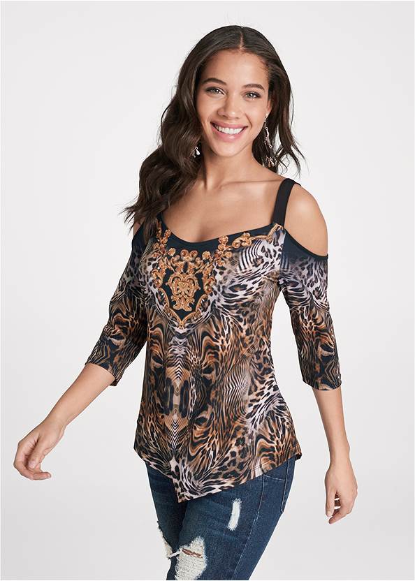 Printed Cold-Shoulder Top,Ripped Skinny Jeans,Mid Rise Slimming Stretch Jeggings,Gold Statement Heel Boots