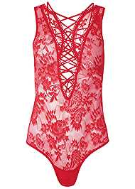 Red SHEER LACE-UP BODYSUIT from VENUS