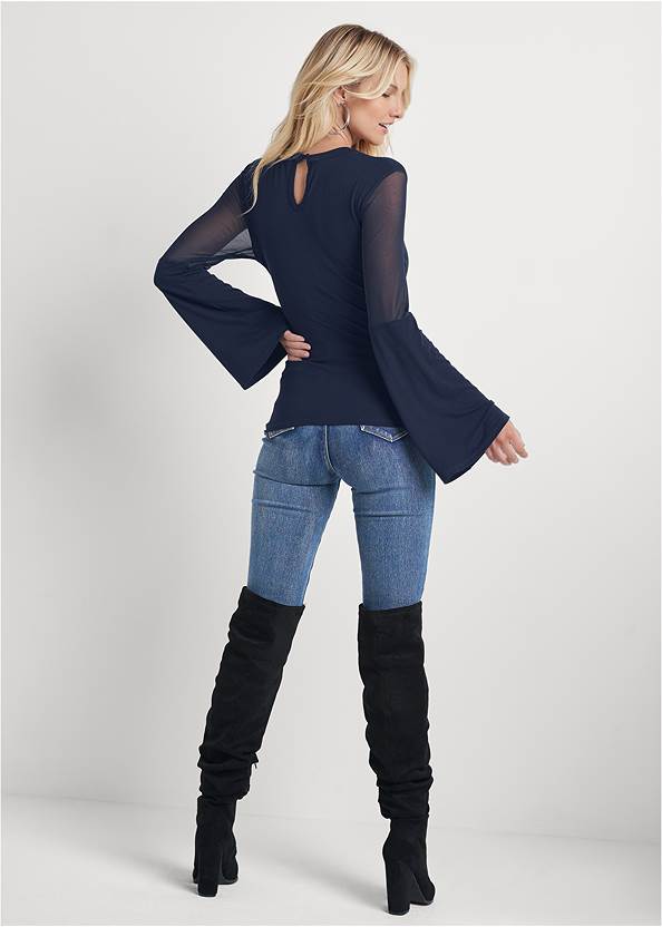 Back View Mesh Detail Bell Sleeve Top