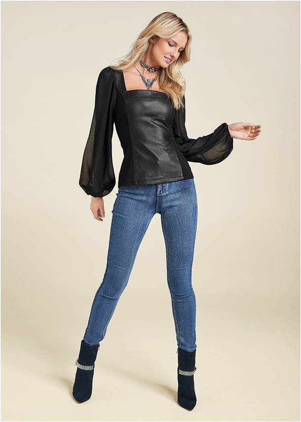 Full Front View Faux-Leather Mesh Top