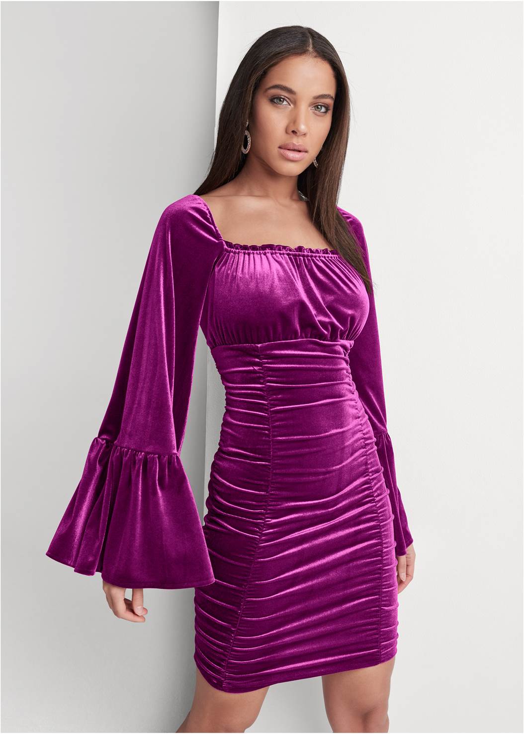 Ruched Velvet Dress In Purple Venus