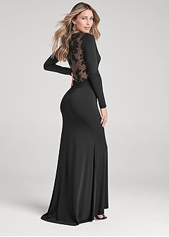 Lace Back Detail Long Dress in Black | VENUS