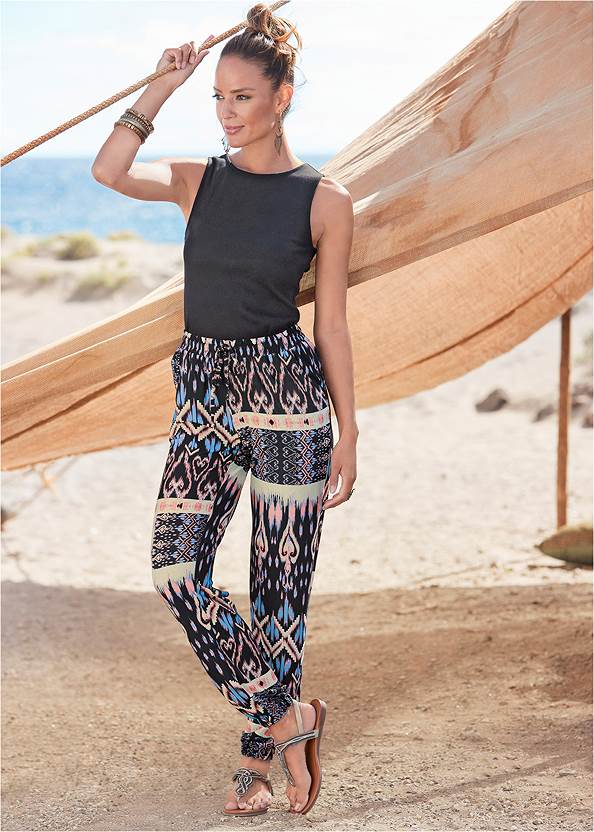 Printed Casual Pants,Basic Cami Two Pack,Strappy Detail Top,Rhinestone Thong Sandals,Studded Gladiator Sandals