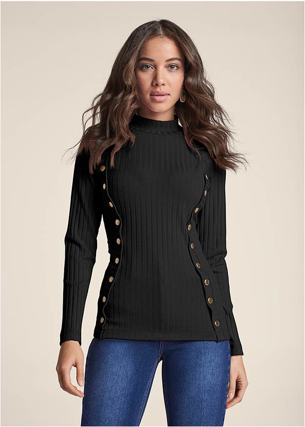 Front View Ribbed Mock-Neck Top
