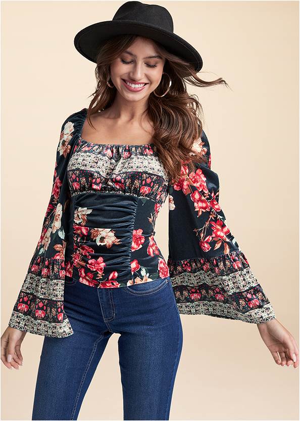 Velvet Floral Print Top,Casual Bootcut Jeans,Mid Rise Color Skinny Jeans