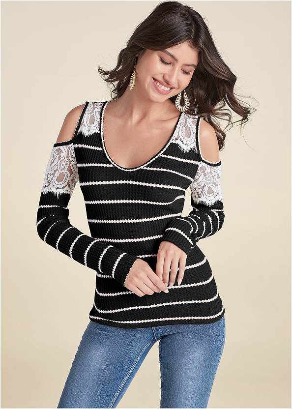 Cropped front view Waffle Knit Lace Top
